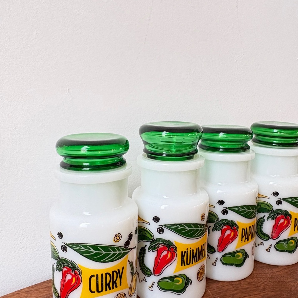 Vintage Kitchen Decor Colorful Spice Jars with Green Lids French Farmhouse Jars - Picture 5 of 13